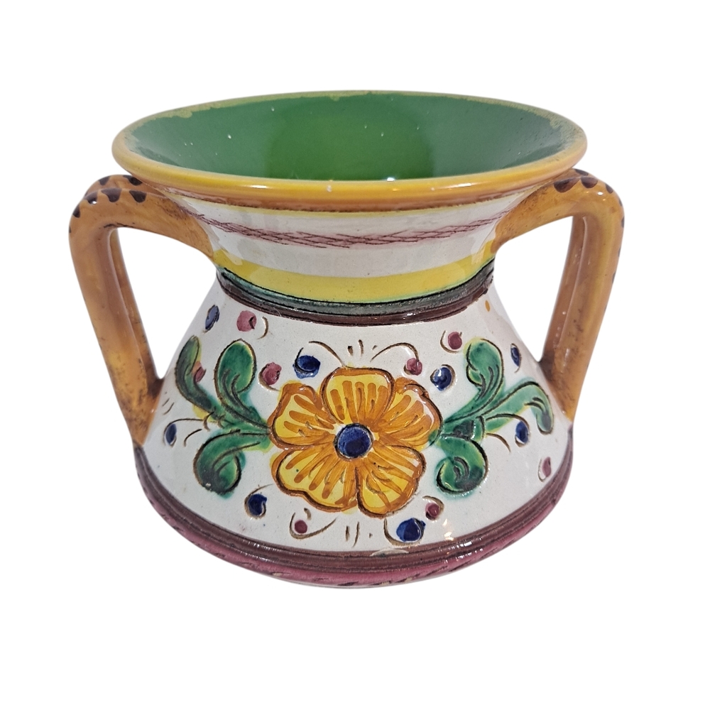 Vintage G. F. Dervta Hand Painted Vase Two Handled Italian Signed Multicolor